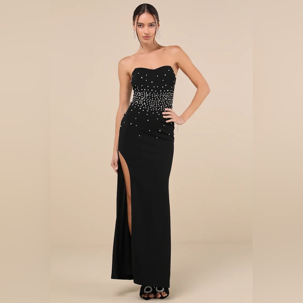 NWT Lulus opulent muse black rhinestone strapless bustier maxi dress